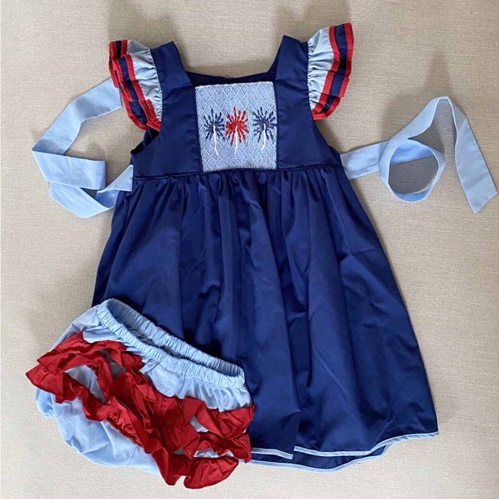 Girls Navy Blue Red Patriotic Smocked Dress 4th of July